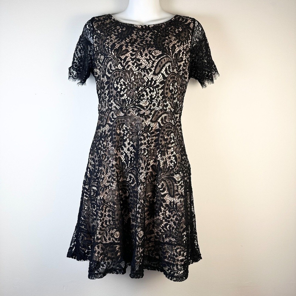 L'Atiste Dress Women L Black Lace Sheer Mesh Cocktail Short Slv CuteGoth NWOT